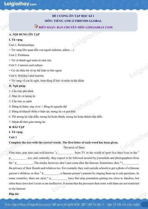 Đề cương ôn tập HK1 tiếng Anh 12 friends global có đáp án